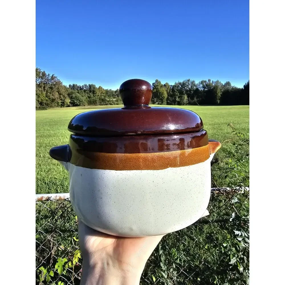 Vintage Brittany Cook N Serve Brown, Tan and White Stoneware Bean Pot with Lid